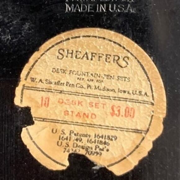 Vintage Sheaffers Black Fountain Pen Glass Base Inkwell Desk Stand Writing Set - Picture 7 of 8